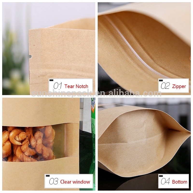 Stand Up Zipper Brown Kraft Paper Resealable Ziplock Heat Sealable Food Storage Doypack Packaging Pouches Bag With Clear Window