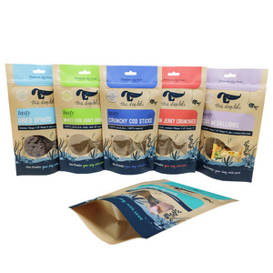 Custom doypack dry pet treat pouch eco-friendly 100% nature factory kraft paper wet dog treat packaging window pouch