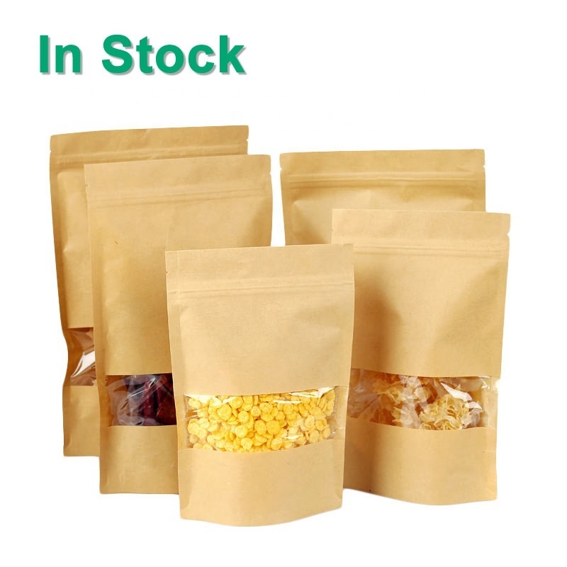 Stand Up Zipper Brown Kraft Paper Resealable Ziplock Heat Sealable Food Storage Doypack Packaging Pouches Bag With Clear Window