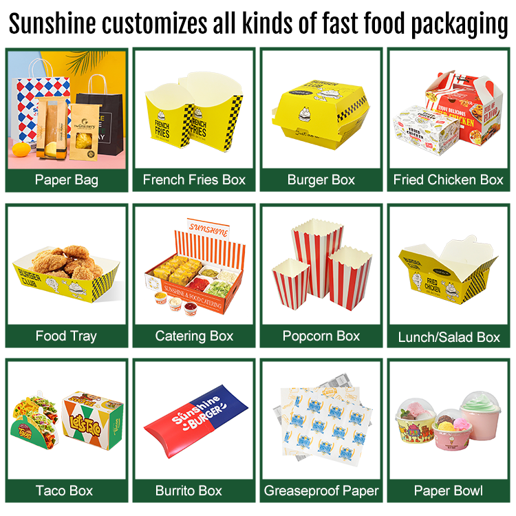 Custom Logo Sandwich Popcorn Hot Dog Paper Bag Fried Chicken Lunch Box Hamburger Burger Box Printing Fast Food Branded Packaging