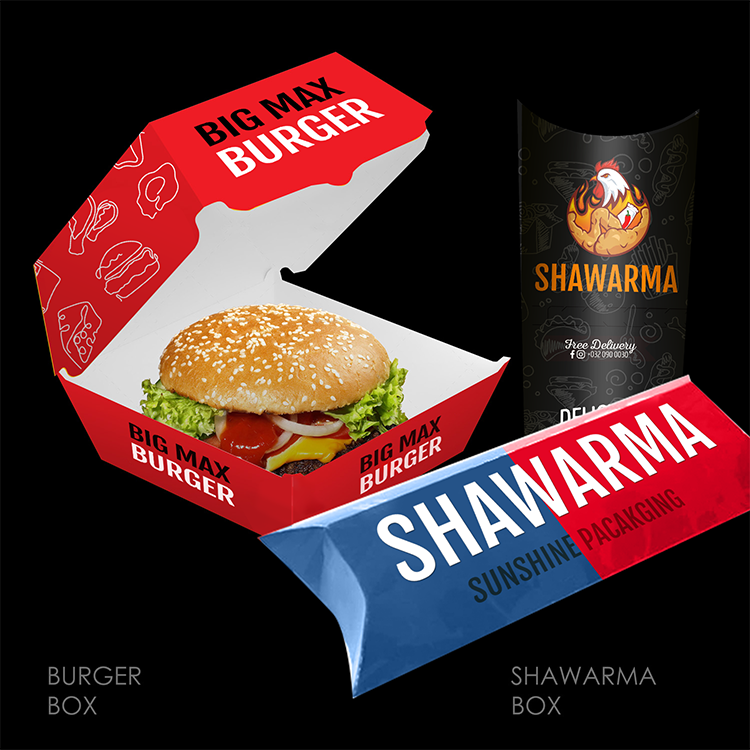 High Quality Custom Brand Design Fast Hamburger Takeaway Food Packaging Pillow Shawarma Clamshell Paper Burger Box