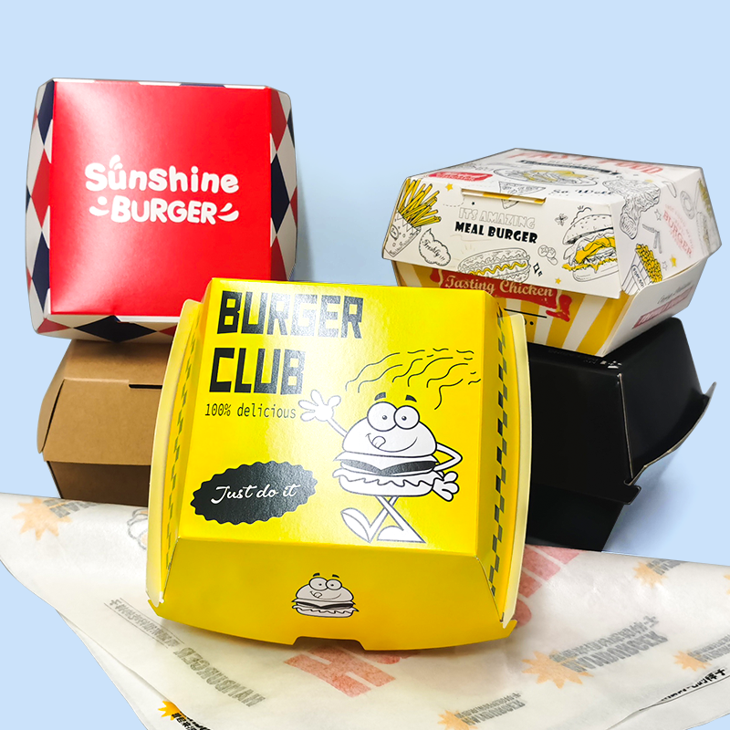 High Quality Custom Brand Design Fast Hamburger Takeaway Food Packaging Pillow Shawarma Clamshell Paper Burger Box