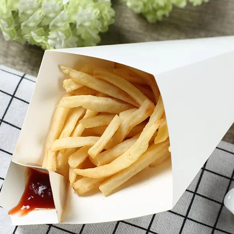 Custom Disposable Food Cones With Dip Pocket, Cardboard Paper French Fries Crepe Cones Holder With Dipping Sauce Compartment