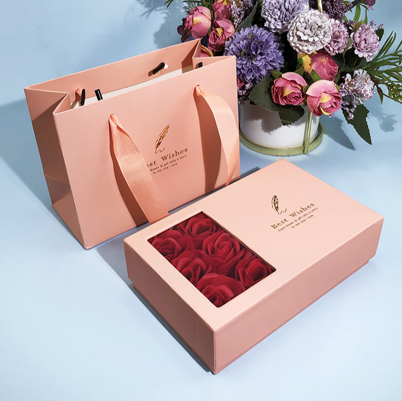 Rose flower ring earring necklace jewelry gift set packaging paper boxes with paper card paper bag elegant flower gift box