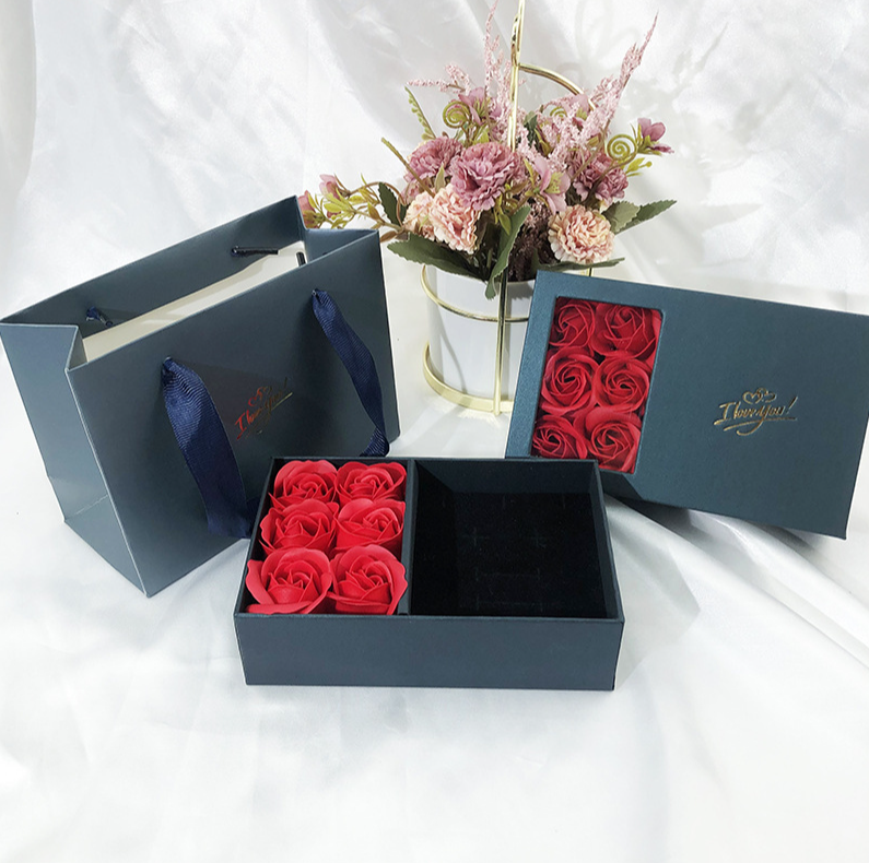 Rose flower ring earring necklace jewelry gift set packaging paper boxes with paper card paper bag elegant flower gift box