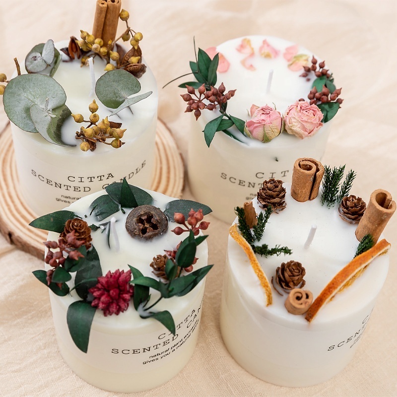 Fashion Private Label Flower Pressed Wedding Birthday Gift Pillar Soy Wax Aromatherapy Party Christmas Fragrance Candle