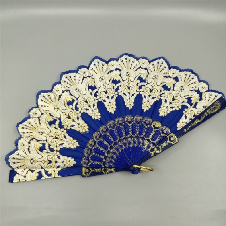 Attractive Best Quality Spain Style Plastic Folding Fan Peacock Lace Fan Ladies Dance Gilding Fan (Royal Blue)