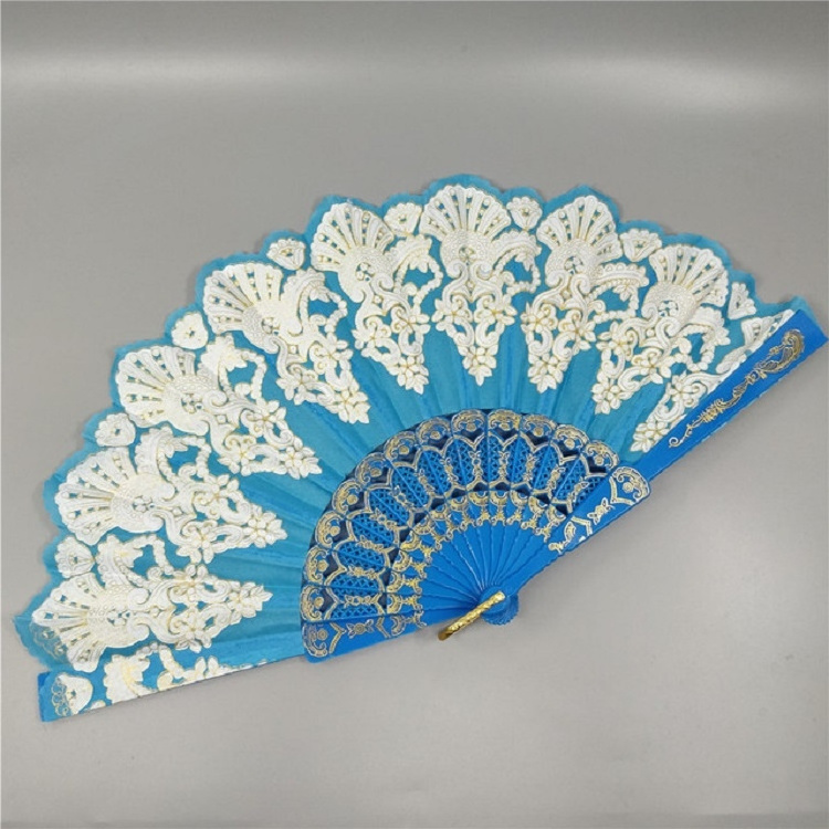 Attractive Best Quality Spain Style Plastic Folding Fan Peacock Lace Fan Ladies Dance Gilding Fan (Royal Blue)