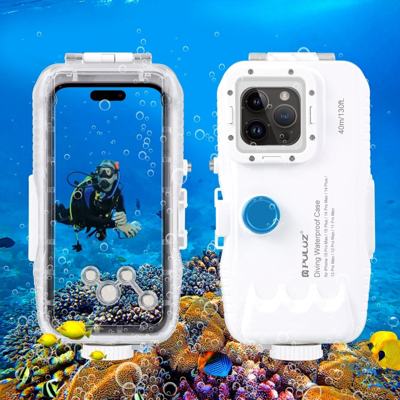 PULUZ 40m/130ft Waterproof Diving Case for iPhone 15 14 13 12 11 Pro Max Plus with One-way Valve Photo Video Taking Underwater H