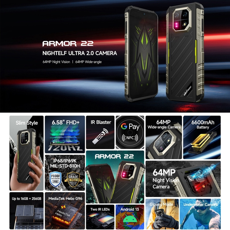 Factory price  4G Ulefone Armor 22 8GB+256GB IP68/IP69K Rugged Phone 6.58 inch Android 13 MediaTek Helio G96 Octa Core NFC OTG