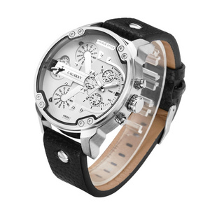 Fashionable Multifunctional Style Quartz Business Sport Wrist Watch with Leather Band & GMT Time & Calendar & Luminous Display f