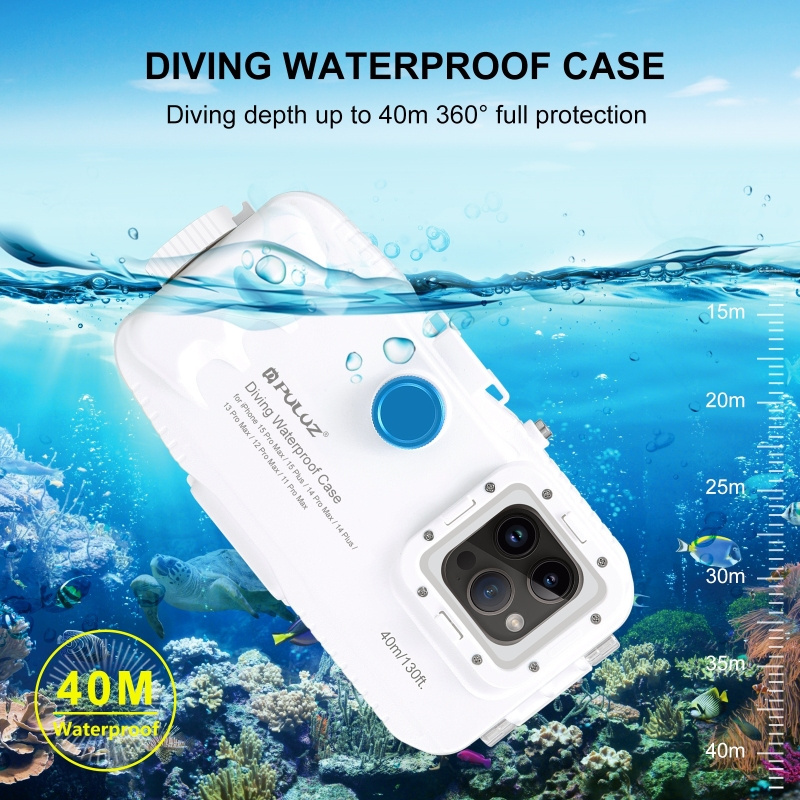 PULUZ 40m/130ft Waterproof Diving Case for iPhone 15 14 13 12 11 Pro Max Plus with One-way Valve Photo Video Taking Underwater H