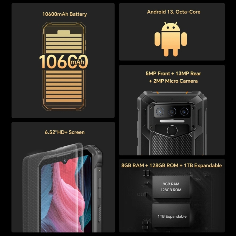 Factory Direct Selling Oukitel WP23 Pro 8GB+128GB 10600mAh battery 6.52 inch Unisoc T606 Octa-core 4G Android 13 Rugged Phone