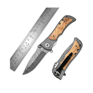 Hot Sale Stainless steel blade Engraved Olive Wood Handle EDC knives Outdoor Camping Hunting Folding Custom Pocket Knife