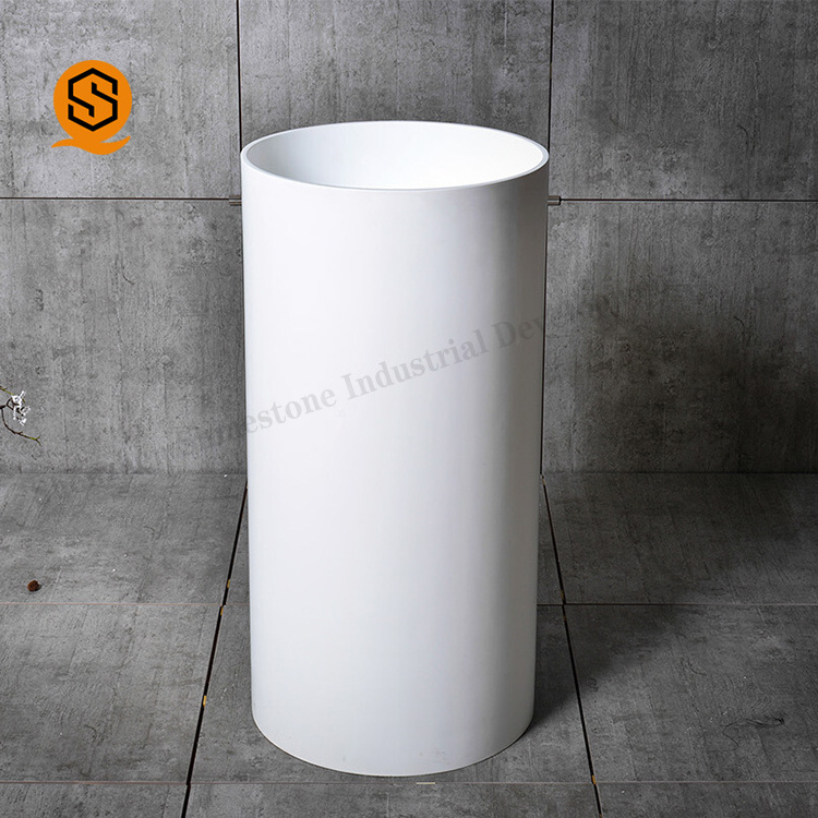 Corians acrylic solid surface bathroom sinks wash basin white cylinder shape pedestal freestanding basin