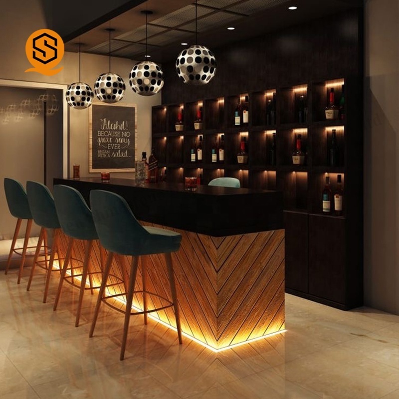 Factory Custom Marble Top Flower Pattern L Shape Led Lighted Cafe Restaurant Pub Bar Counter Design