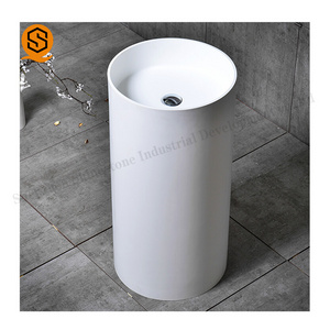 Corians acrylic solid surface bathroom sinks wash basin white cylinder shape pedestal freestanding basin