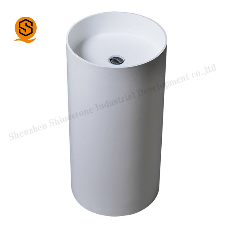 Corians acrylic solid surface bathroom sinks wash basin white cylinder shape pedestal freestanding basin