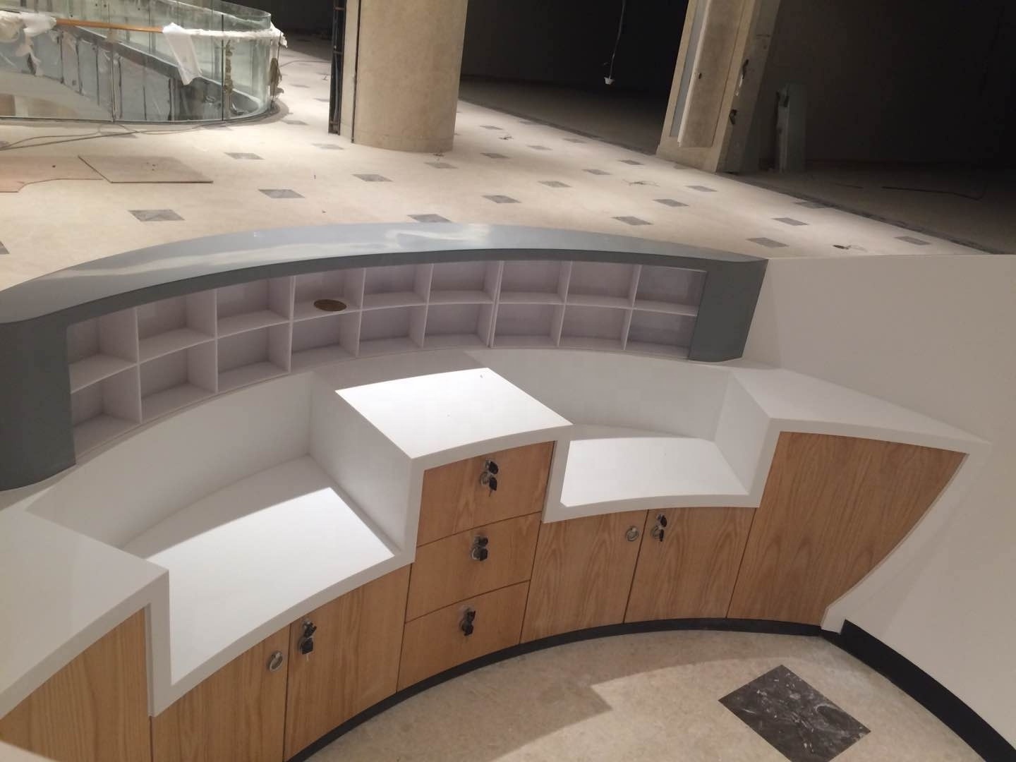 Shopping mall customer service counter fancy round two seats solid surface stone circular reception desk round