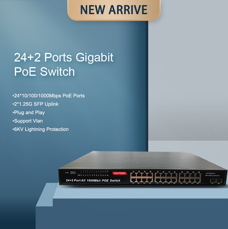 SunSoont Network Switch PoE 24+2 26 ports PoE switch 1000Mbps Downlink 1000Mbps Uplink VLAN PoE Switches