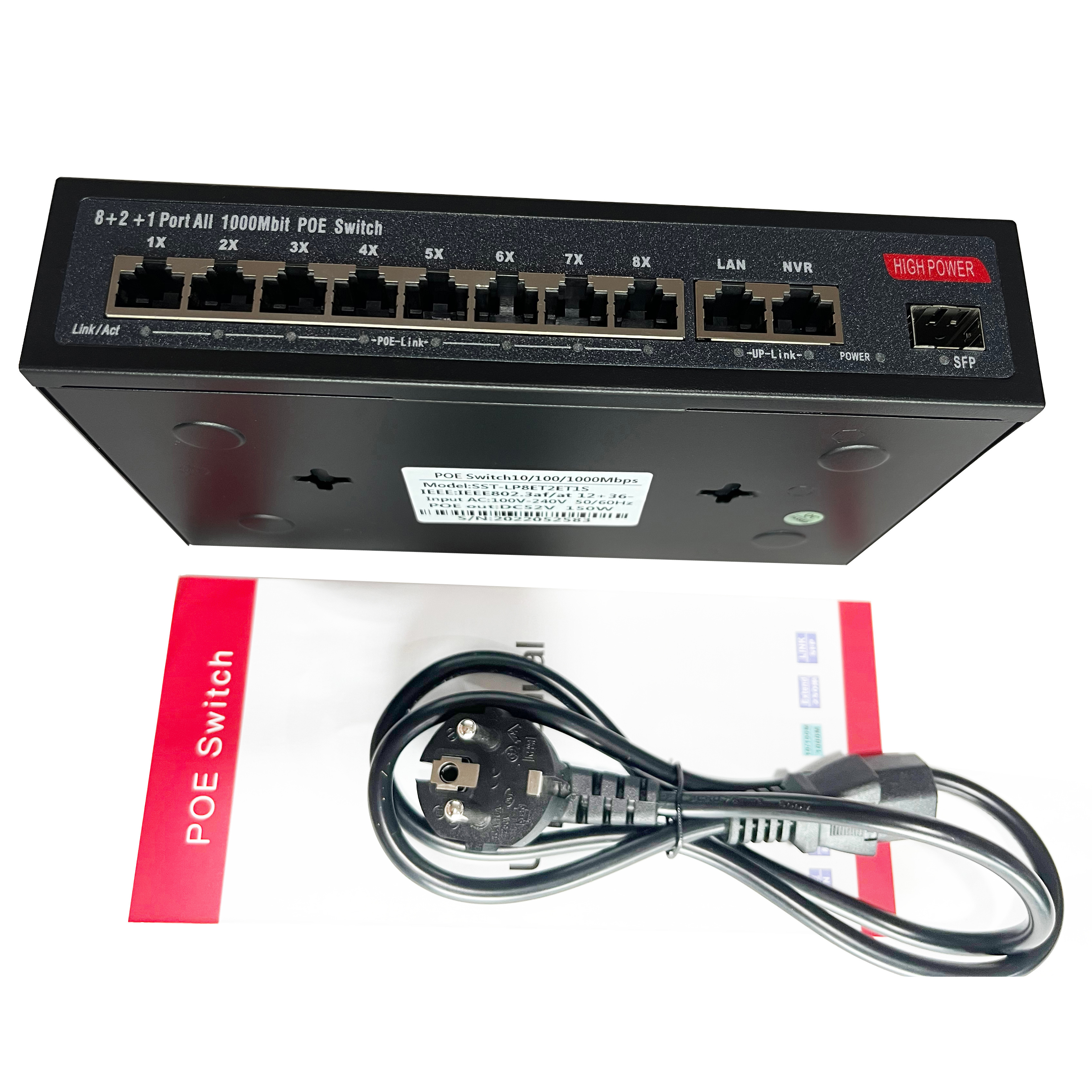 Sunsoont 48V 8 ports full gigabit poe switch for ip camera