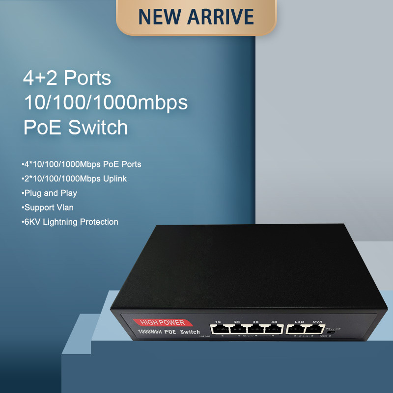 extend to 250M 4Ports 10/100/1000Mbps PoE + 2Port Uplink Unmanaged outdoor poe switch box for IP camera