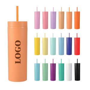 Wholesale 16oz Skinny Acrylic Cups Reusable Double Walled 16ozl Plastic Matte Pastel Colored Tumblers with Lids and Straws