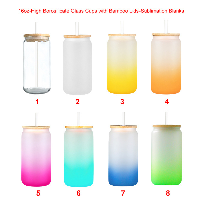 Wholesale 12oz 16oz 20oz Clear Frosted Water Sublimation Blanks Beer Mug Can Glass Tumblers with Bamboo Lid and Straws