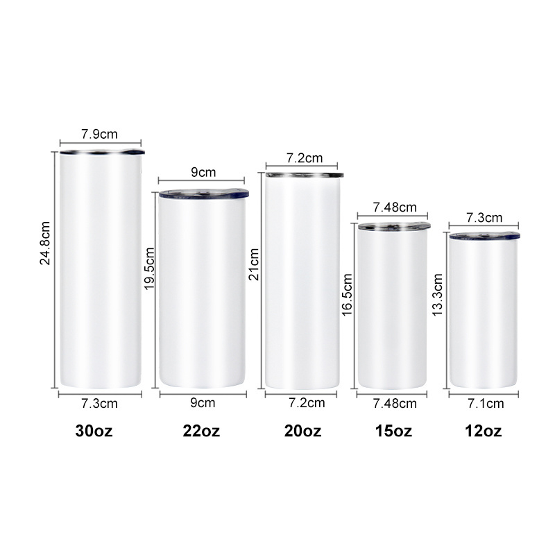 USA Warehouse Stocked 20oz Stainless Steel Sublimation Tumbler with Sliding Lids and Straws Skinny Straight Sublimation Blanks