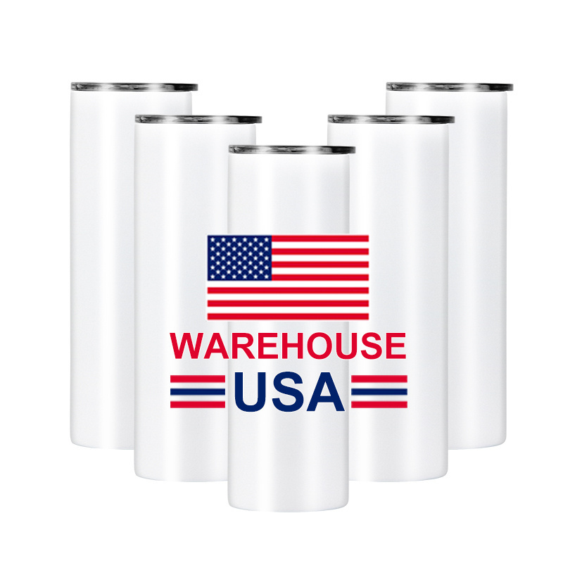 USA Warehouse Stocked 20oz Stainless Steel Sublimation Tumbler with Sliding Lids and Straws Skinny Straight Sublimation Blanks