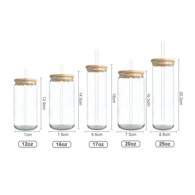 Wholesale 12oz 16oz 20oz Clear Frosted Water Sublimation Blanks Beer Mug Can Glass Tumblers with Bamboo Lid and Straws