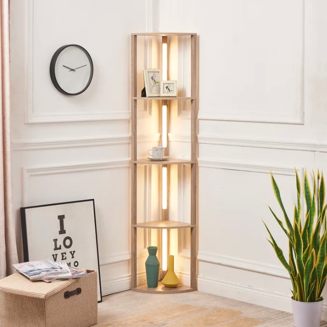 4-tier Tall Corner Wood Shelf Floor Lamp With Led Wooden Standing Lamp