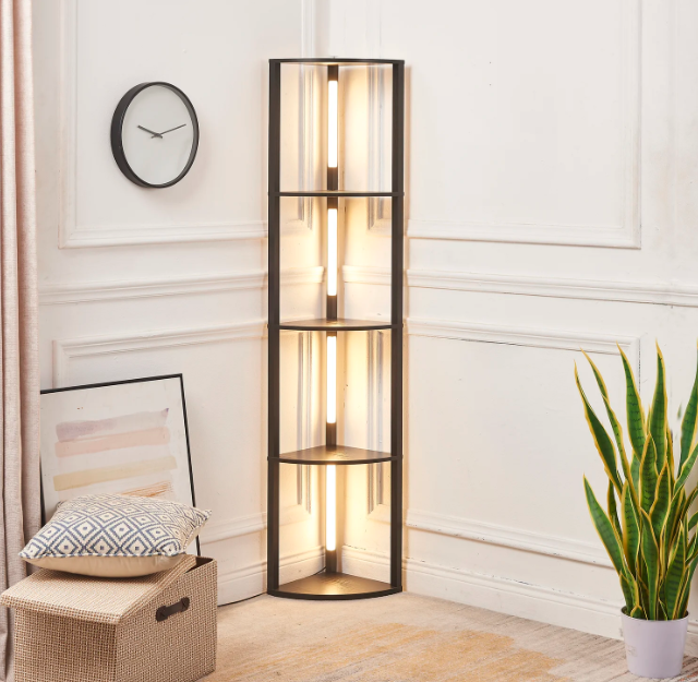 4-tier Tall Corner Wood Shelf Floor Lamp With Led Wooden Standing Lamp