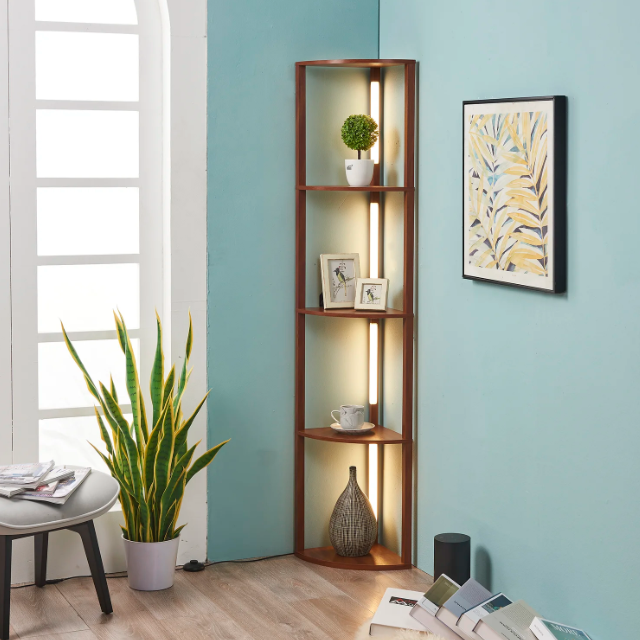 4-tier Tall Corner Wood Shelf Floor Lamp With Led Wooden Standing Lamp