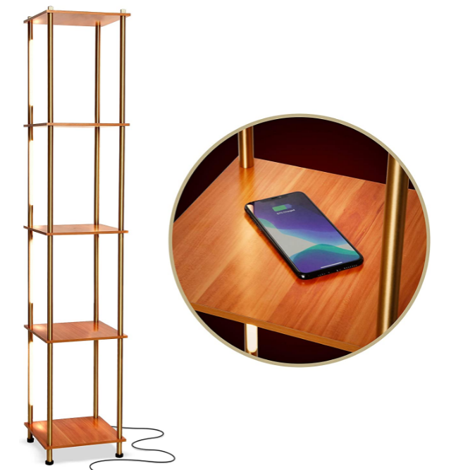 Led Wooden Frame Shelf Floor Lamp With Storage Display Shelves For Living Room Bedroom