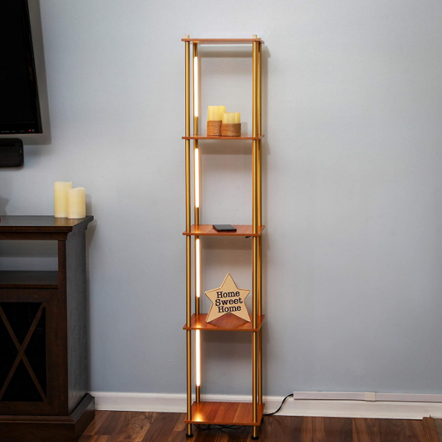 Led Wooden Frame Shelf Floor Lamp With Storage Display Shelves For Living Room Bedroom