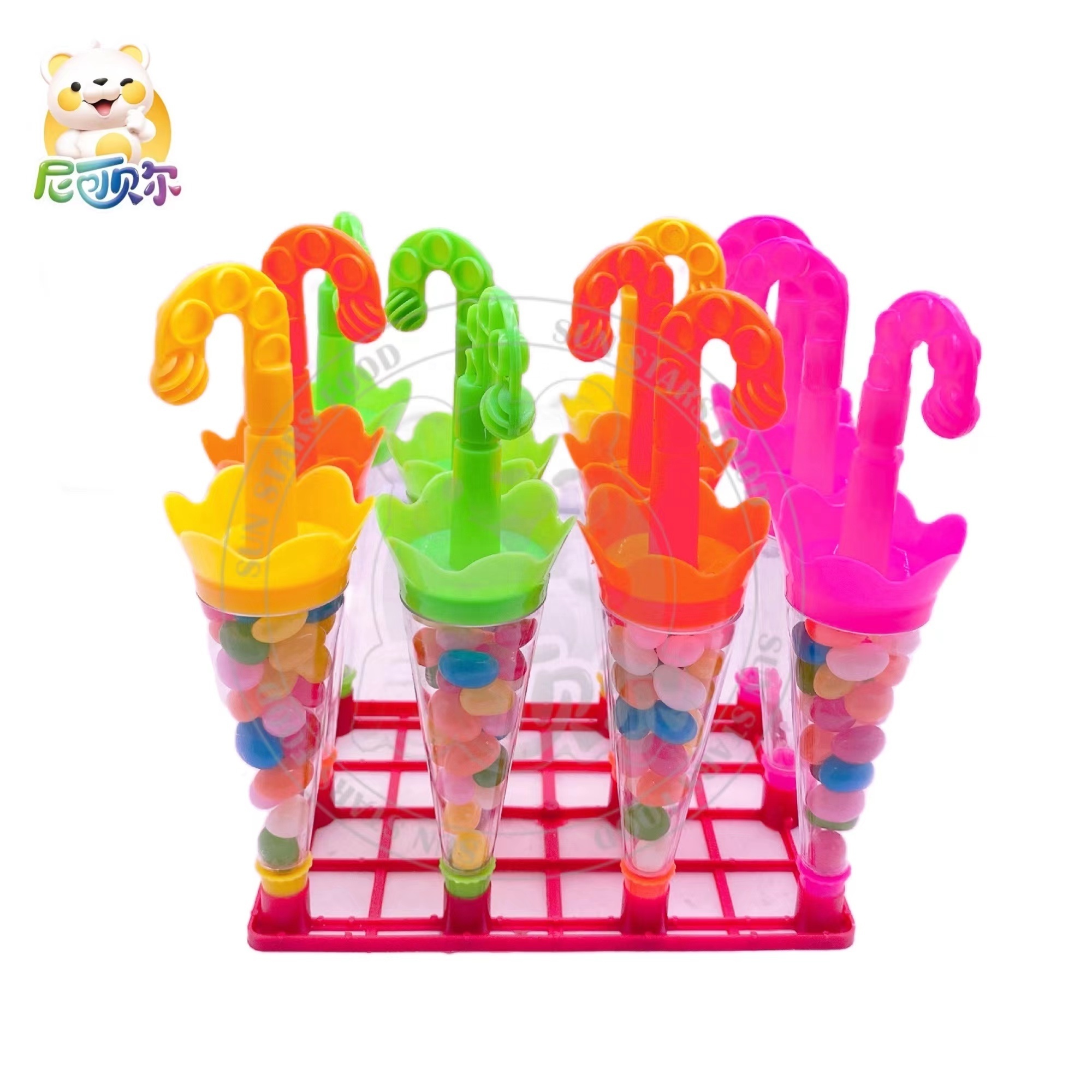 Customized wholesale halal candy cartoon umbrella shape canned fruit flavor jelly bean toy jelly candy