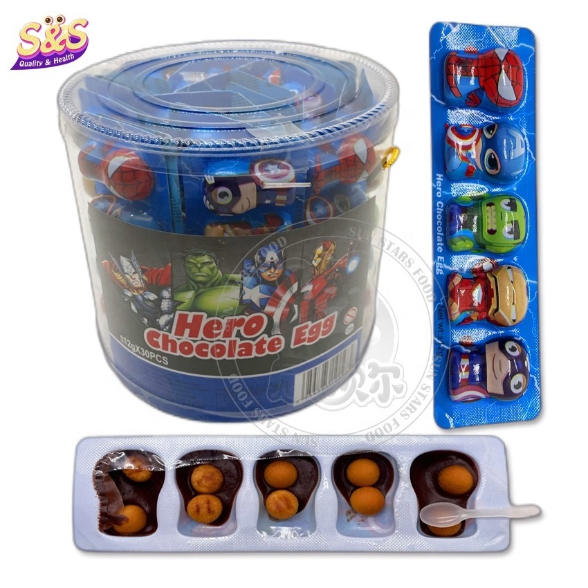 Cartoon Hero Surprise Egg Solid Candy with Sweet Chocolate Jam Biscuit Cookie Ball