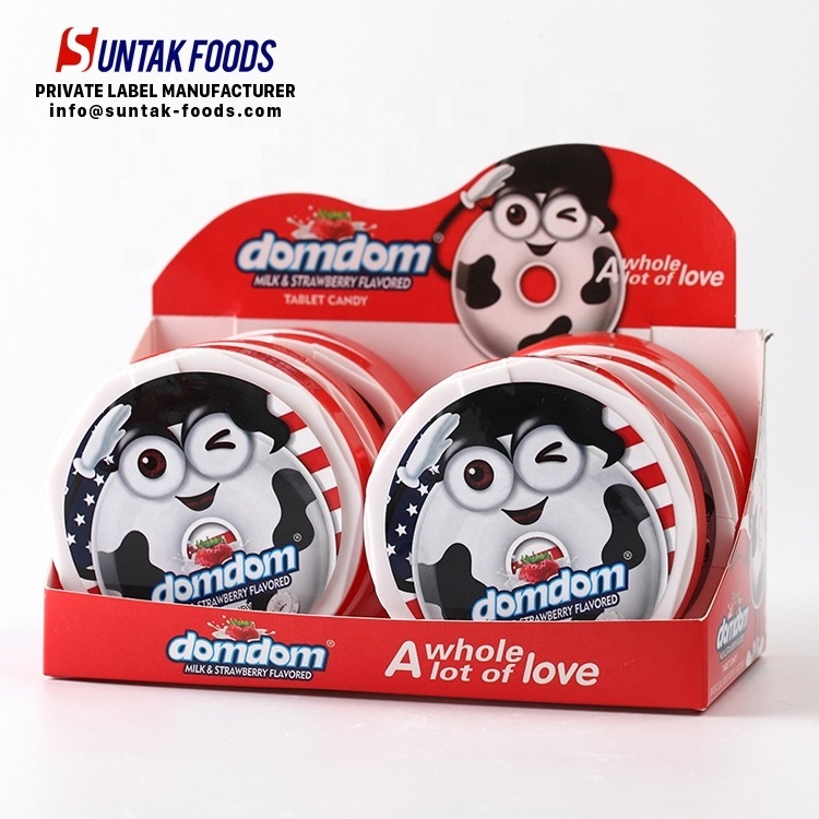 Milk Strawberry Flavored domdom Tablet Candy in PP Round Box confectionary snacks refreshing candy