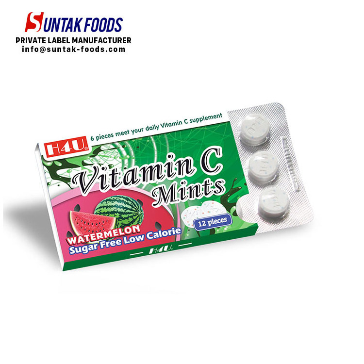 Private label Vitamin C Compressed Mints watermelon flavor sugarless mints candy with Blister Packaging