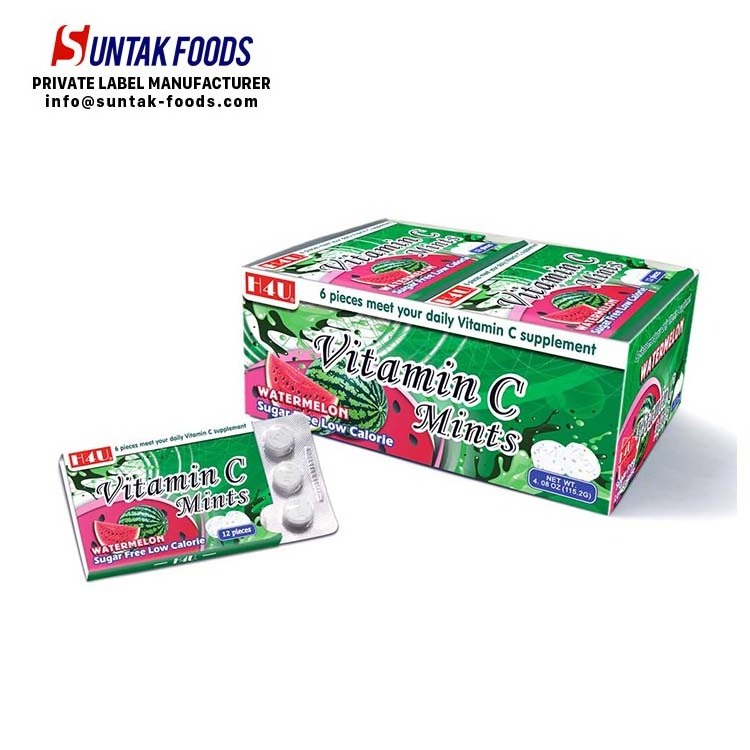 Private label Vitamin C Compressed Mints watermelon flavor sugarless mints candy with Blister Packaging