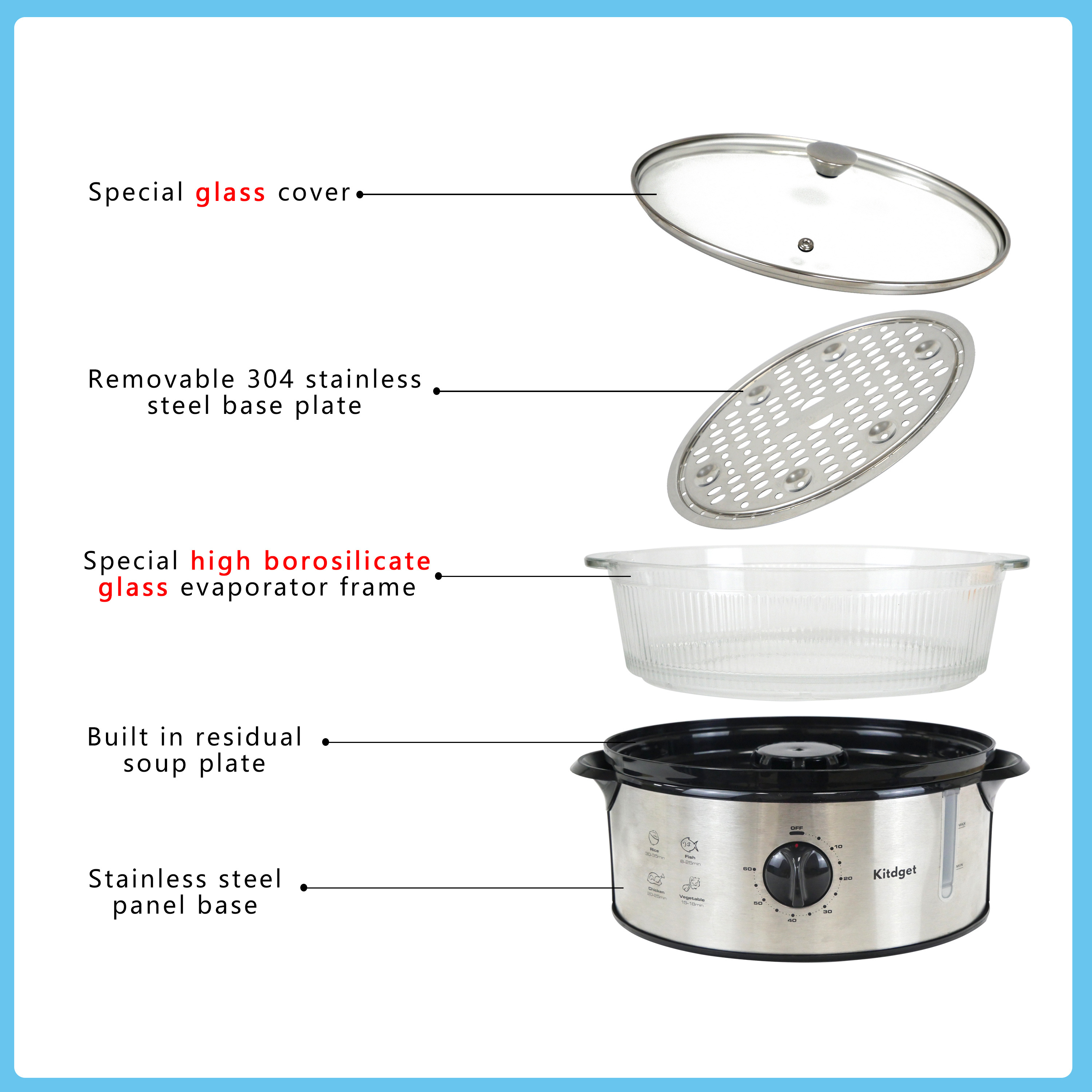 Timing Steam Cooker 4L 1 Layer Electric Home Glass Electric Food Steamer plastic steamer pot stainless steel