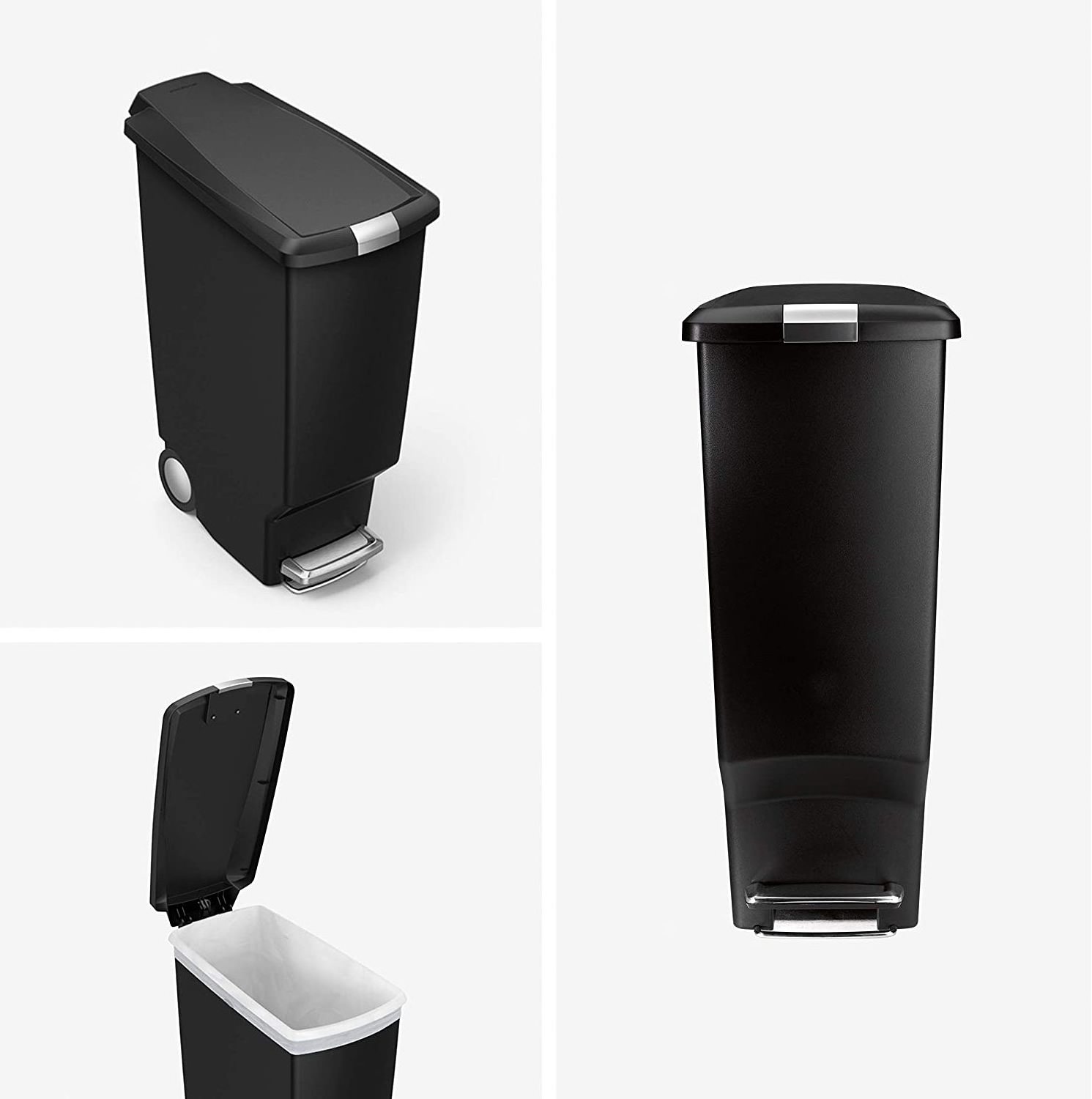 Slim Kitchen Step Trash Can With Secure Slide Lock, 40 Liter / 10.6 Gallon, Black Plastic