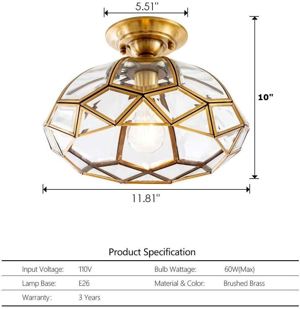 crystal  Shape Vintage Brass Glass Ceiling Light Fixture Lighting for Entryway Living Room Bedroom Kitchen Sink