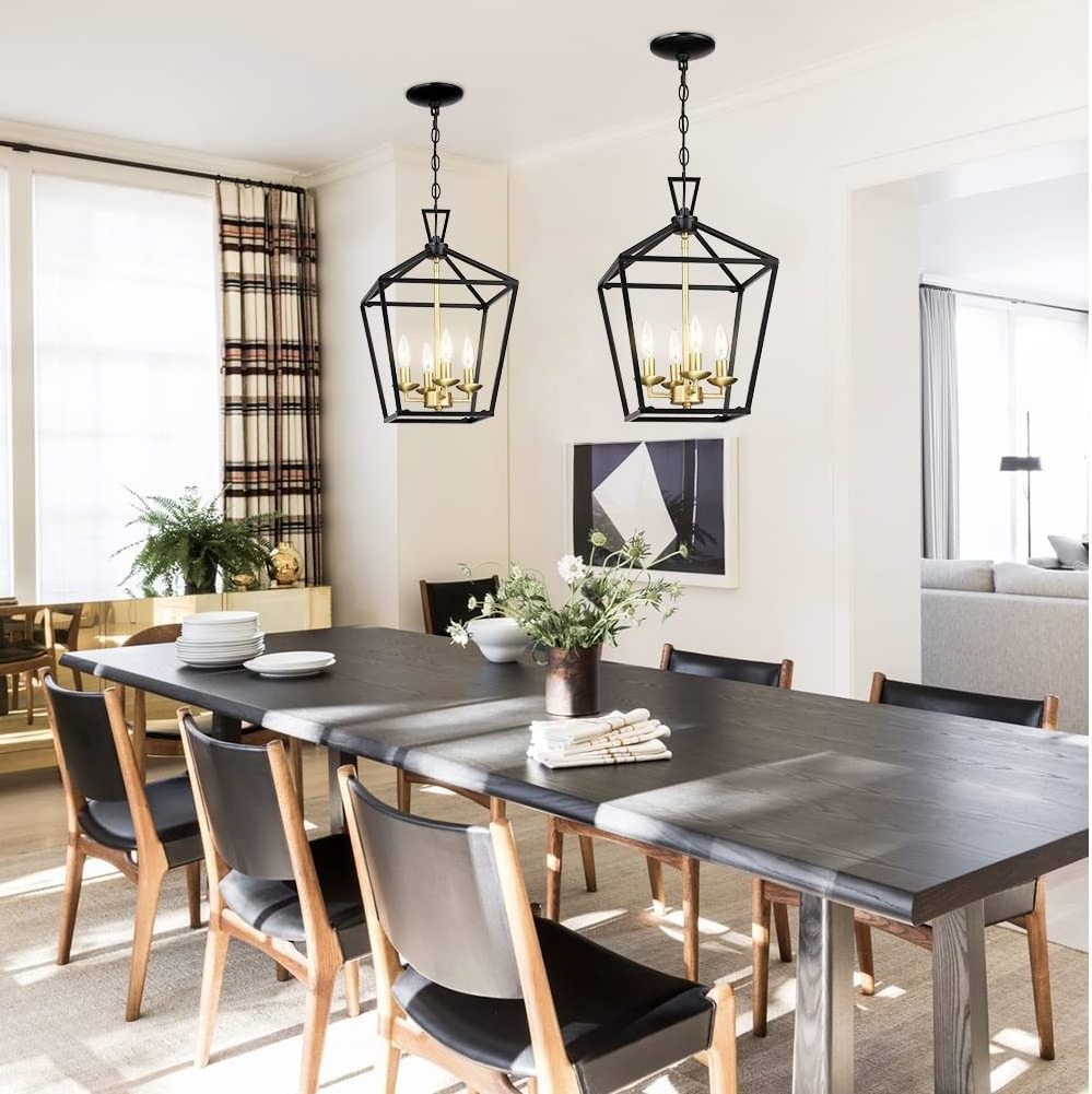 Industrial Farmhouse Kitchen Island Dining Room Entryway Hallway Pendant Lighting Rectangle Black & Brass Chandelier Light