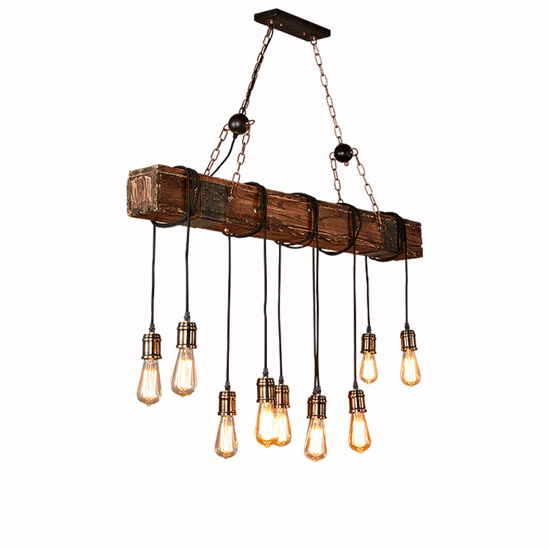 Farmhouse Style Dark Distressed Wood Beam Large Linear Island Pendant Light 10-Light Chandelier Lighting Hanging Ceiling Fixture