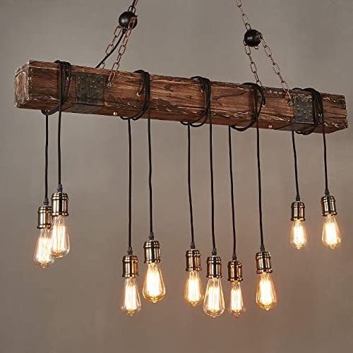 Farmhouse Style Dark Distressed Wood Beam Large Linear Island Pendant Light 10-Light Chandelier Lighting Hanging Ceiling Fixture