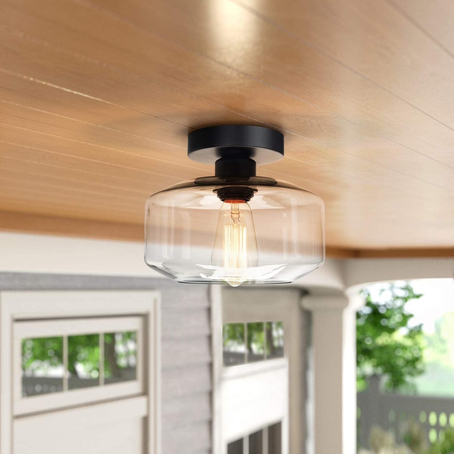 Industrial Semi Flush Mount Ceiling Light Clear Glass Pendant Lamp Shade Farmhouse Lighting for Porch Hallway Kitchen Island