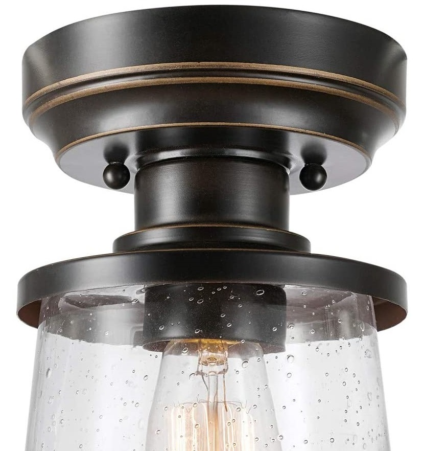 Shinetime 1-Light Outdoor Indoor Semi-Flush Mount Ceiling Light Oil Rubbed Bronze Clear Seeded Glass Shade