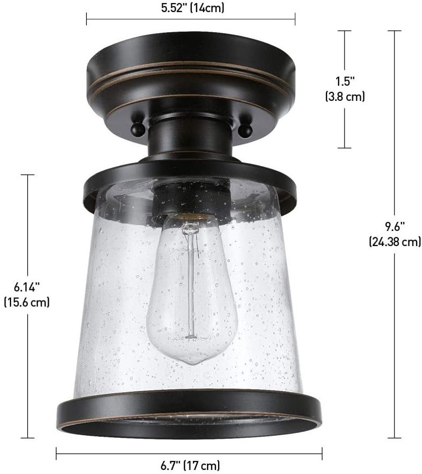 Shinetime 1-Light Outdoor Indoor Semi-Flush Mount Ceiling Light Oil Rubbed Bronze Clear Seeded Glass Shade